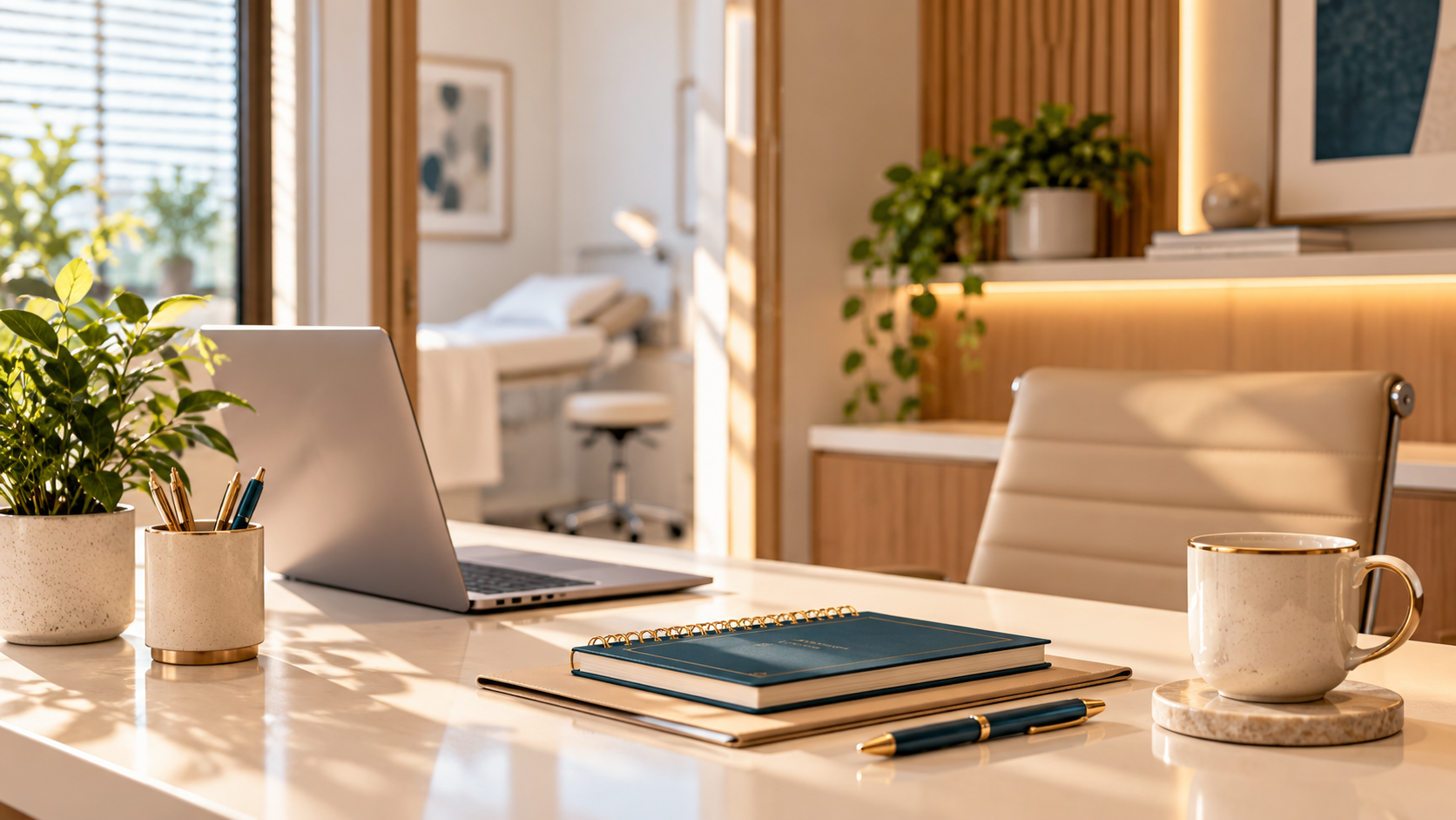 Espaço de consulta moderno e acolhedor, com mesa organizada, notebook, caderno e plantas em luz natural